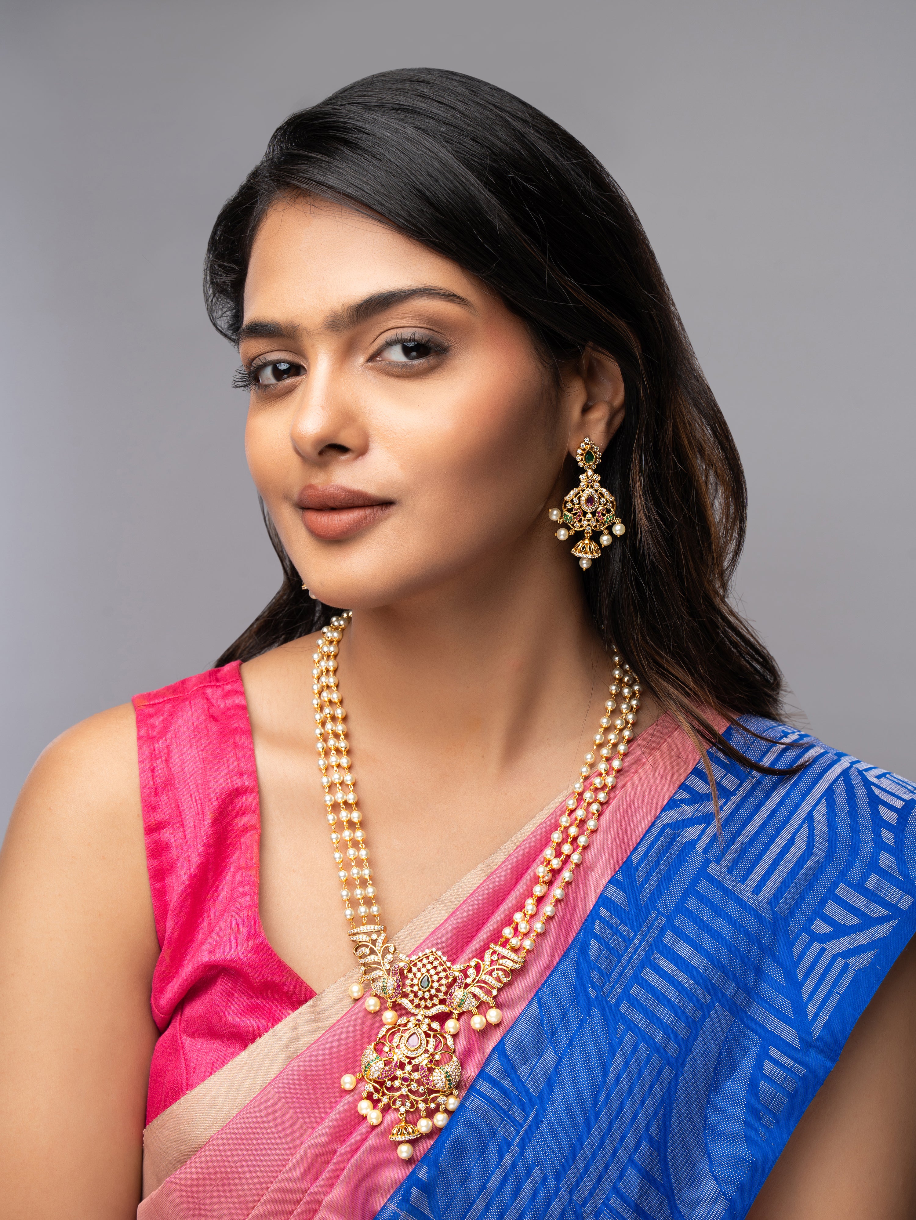 Matte Gold Moti Temple Necklace Set