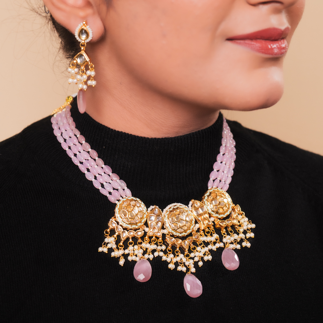 Elegant Pastel Pink Beaded Kundan Necklace Set