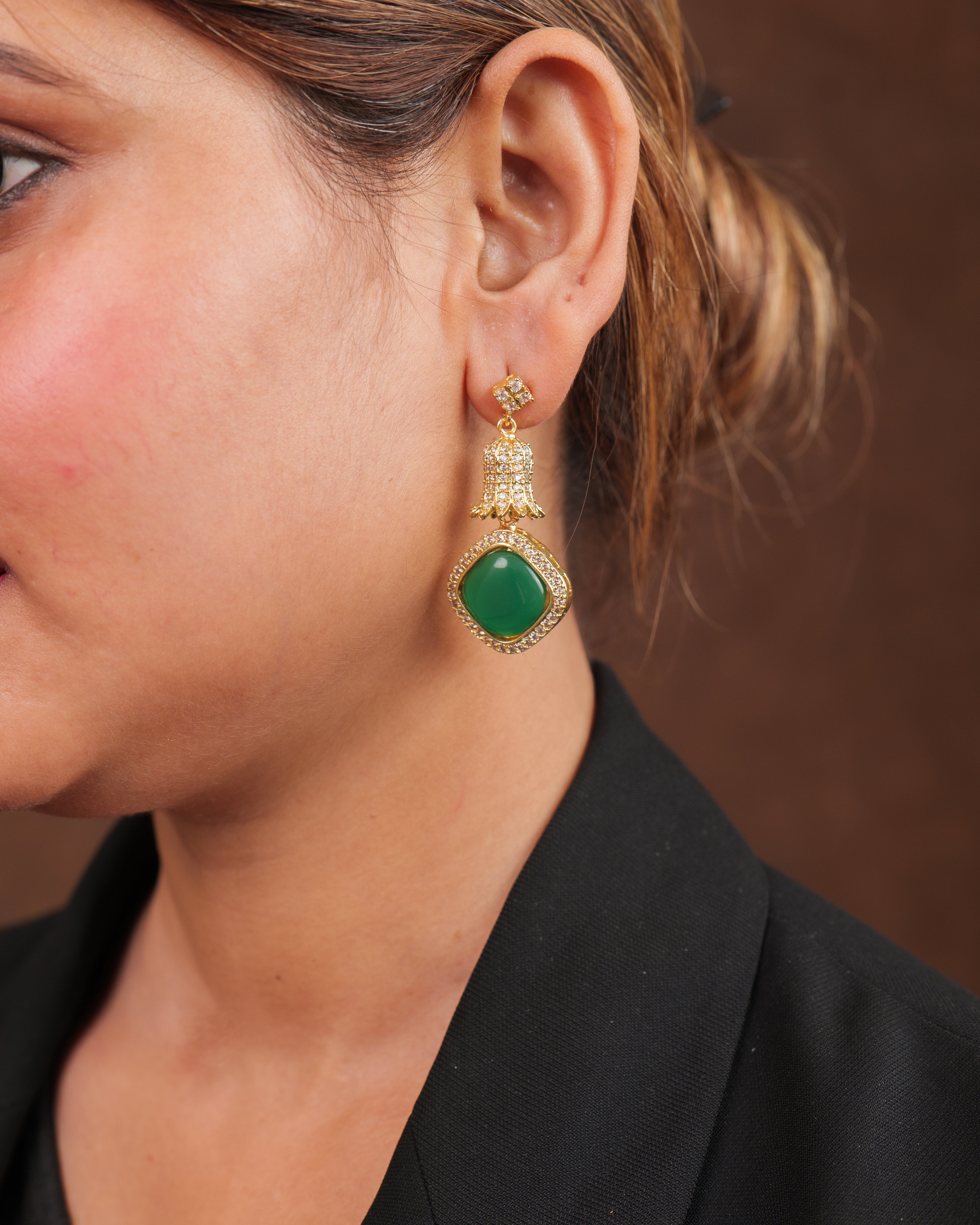 Elegant Emerald Green Gold-Plated Dangler Earrings