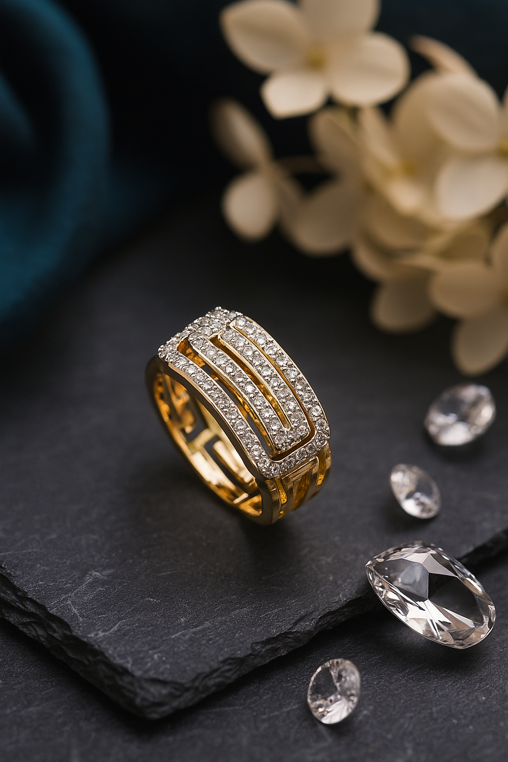 Dual Row Diamond-Cut Gold Ring