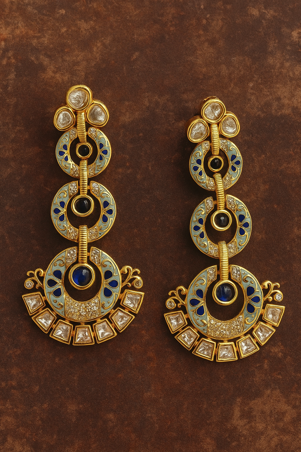 Gold and Blue Kundan Chandbali Earrings