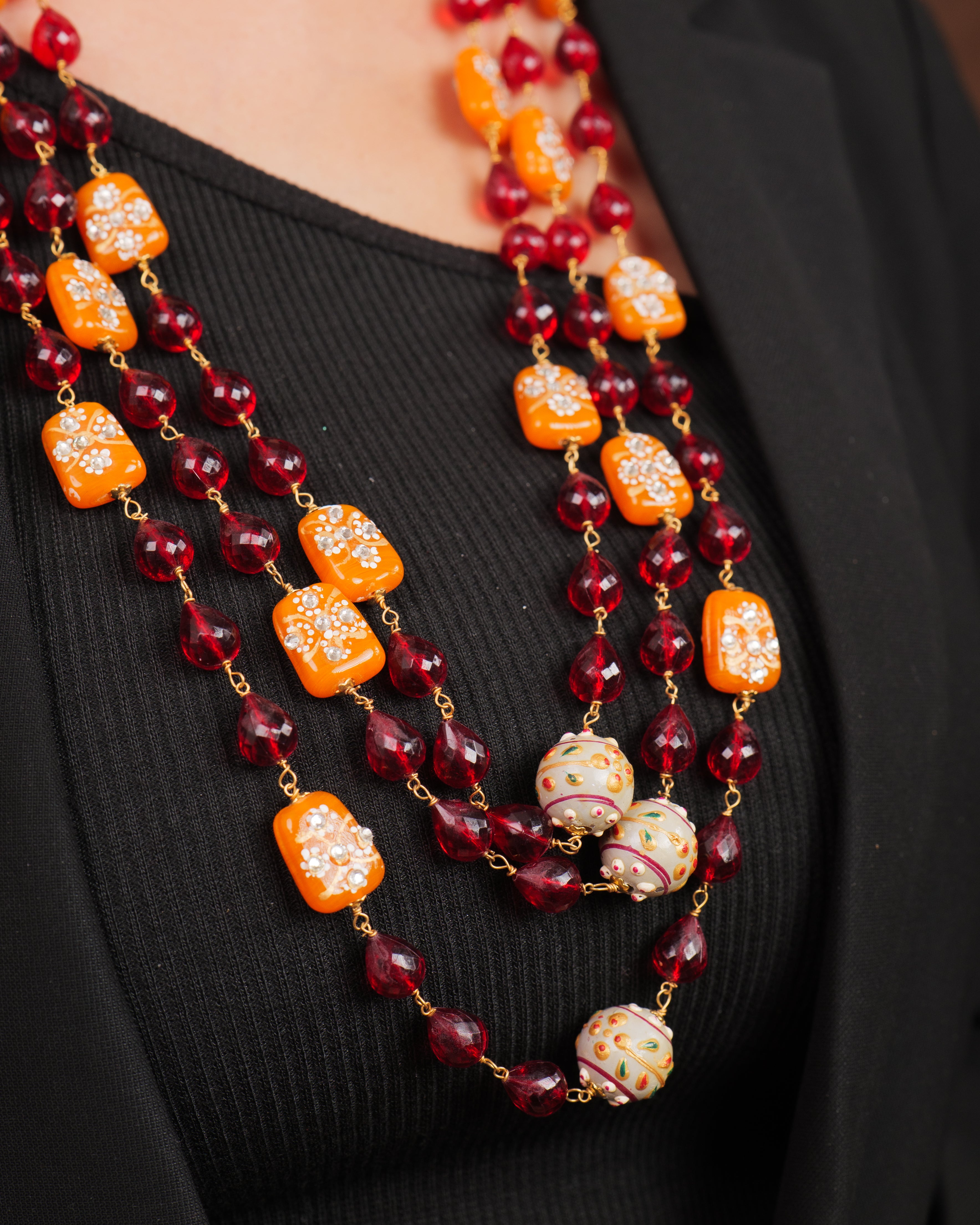 Vibrant Red & Orange Layered Necklace Set