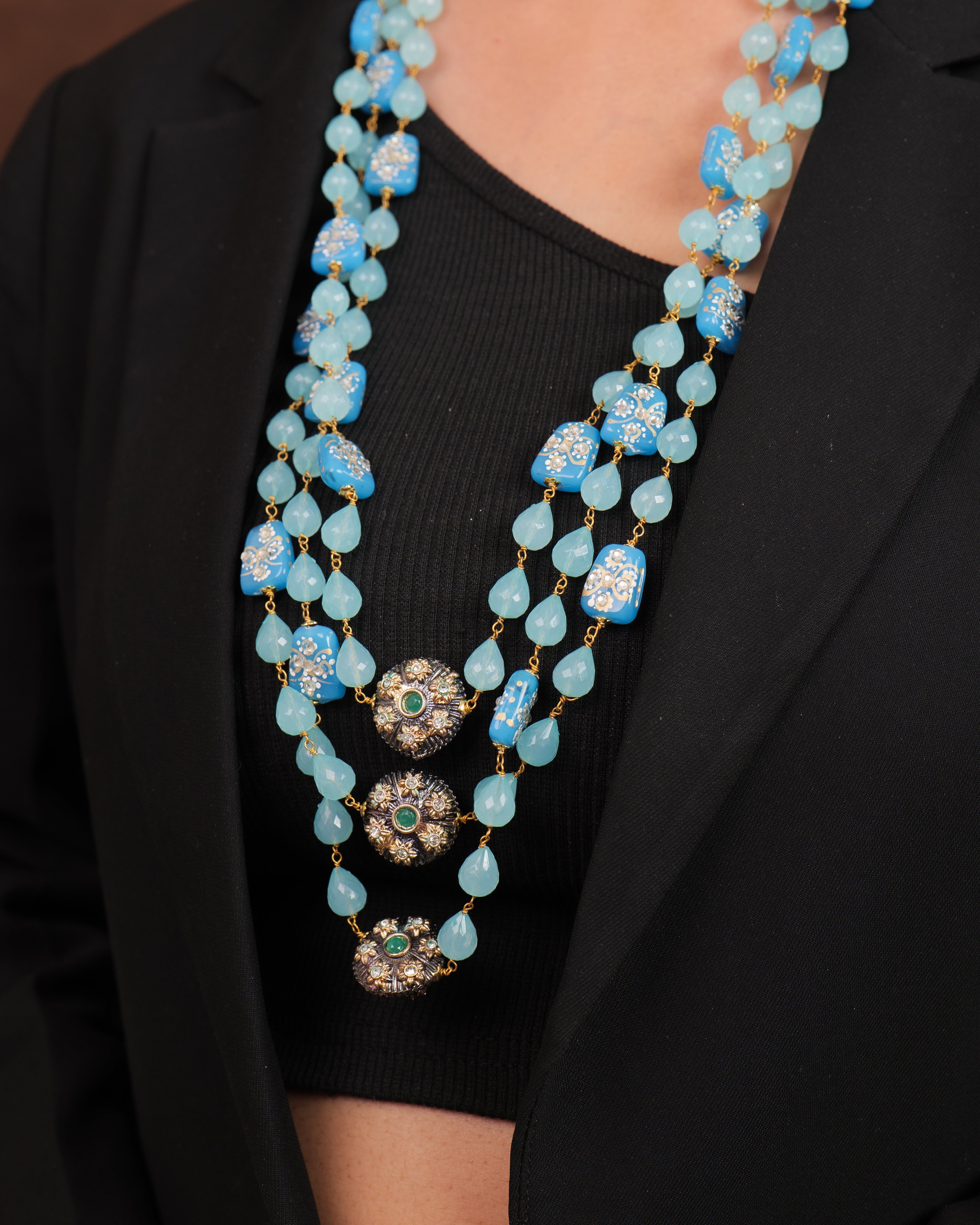 Elegant Sky Blue Layered Beaded Necklace Set with Designer Earrings