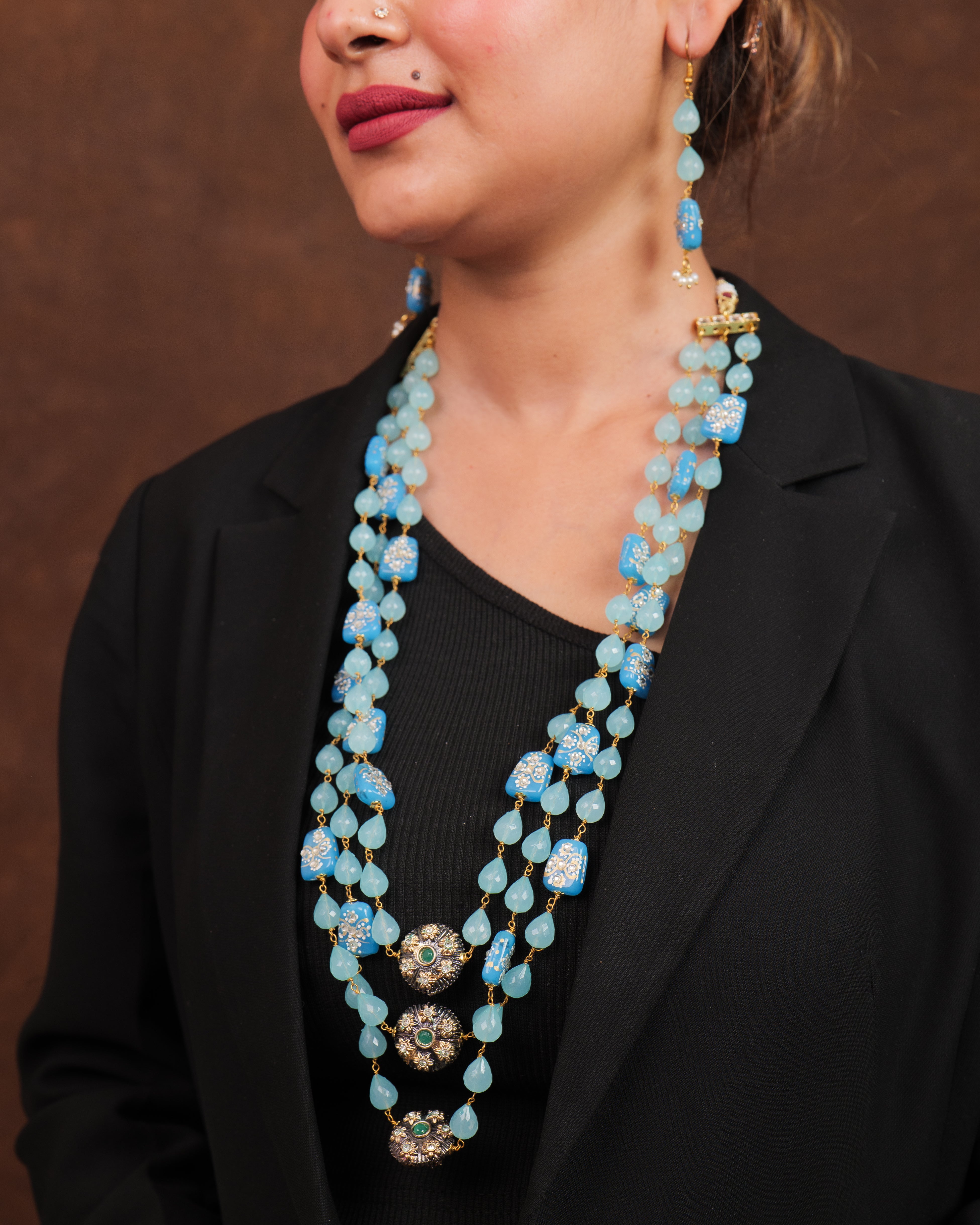 Elegant Sky Blue Layered Beaded Necklace Set with Designer Earrings