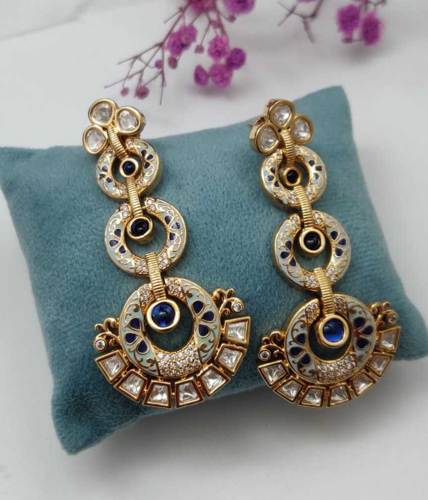 Gold and Blue Kundan Chandbali Earrings
