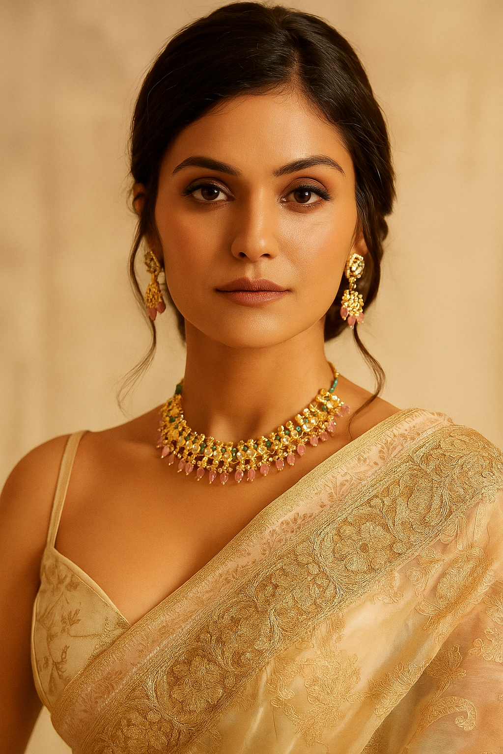 Pastel Pink and Mint Green Kundan Choker Set with Pearl and Drop Bead Detailing