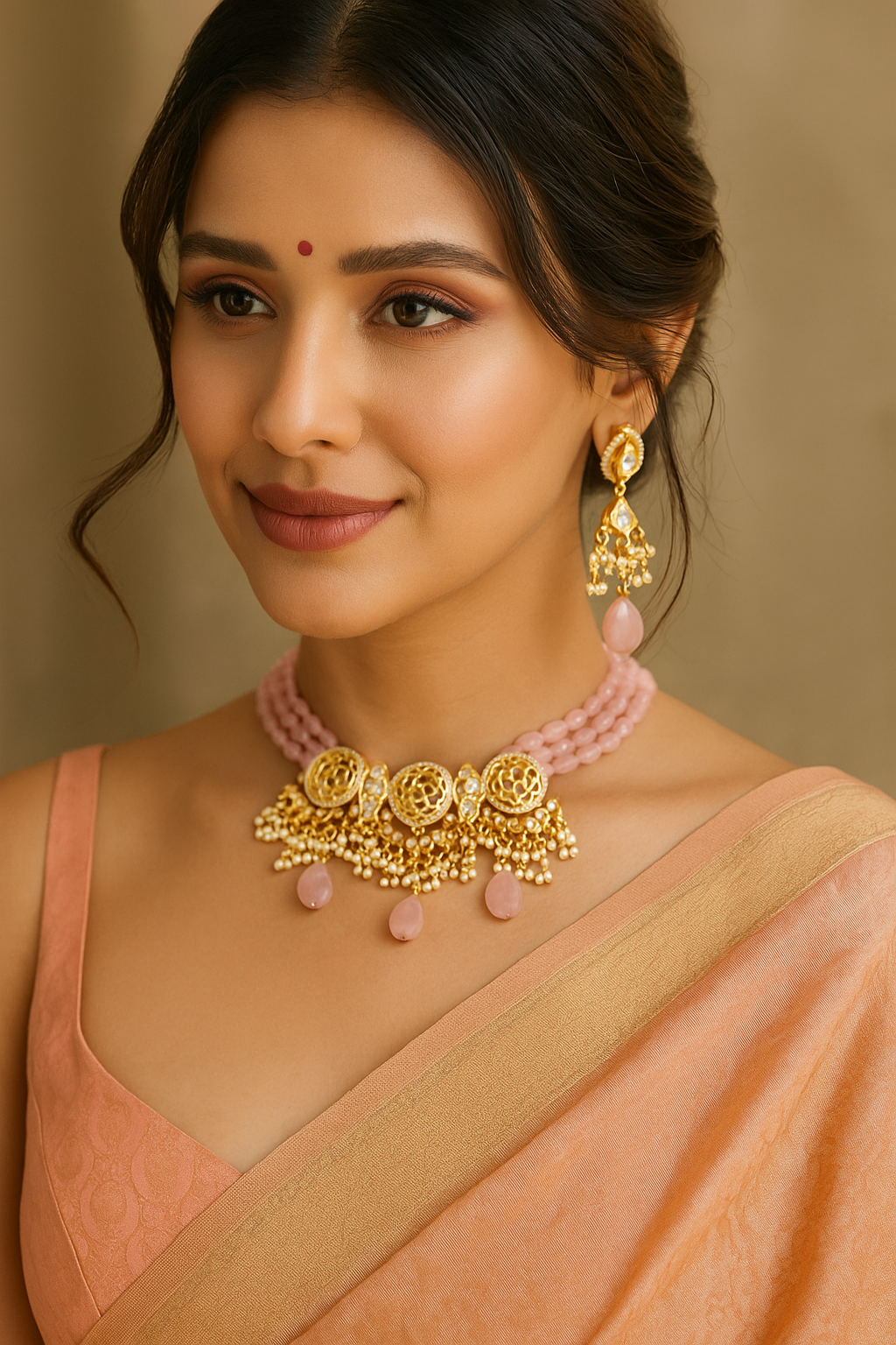 Elegant Pastel Pink Beaded Kundan Necklace Set with Pearl Drops
