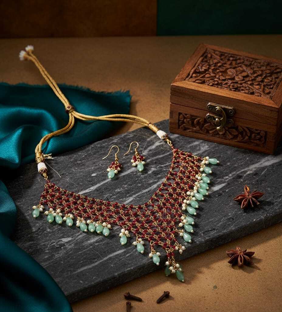 Ruby Red & Green Beaded Statement Necklace Set with Matching Earrings