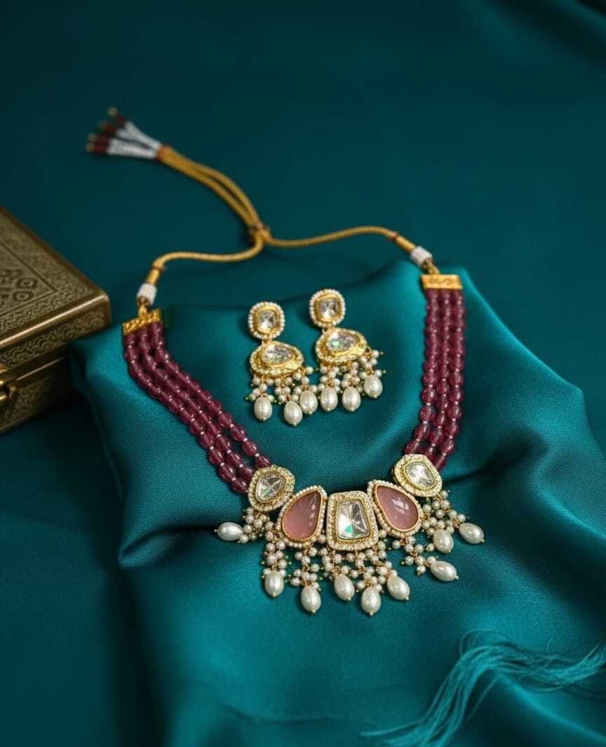 Royal Ruby Beaded Kundan Necklace Set with Pearl Drops