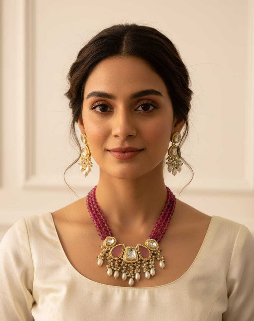 Royal Ruby Beaded Kundan Necklace Set with Pearl Drops