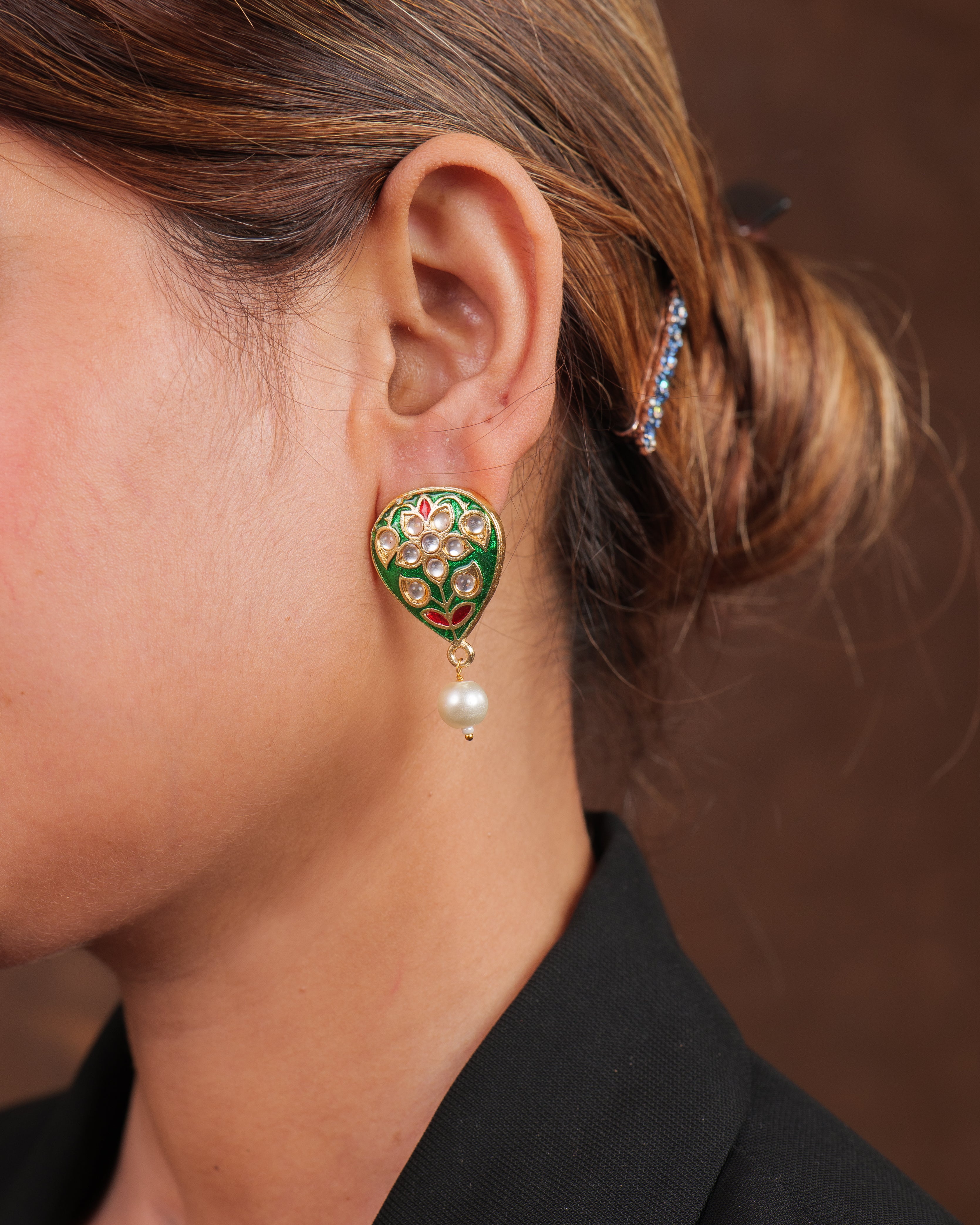 Celestia Carat Royal Meenakari Drop Earrings with Pearl Accent