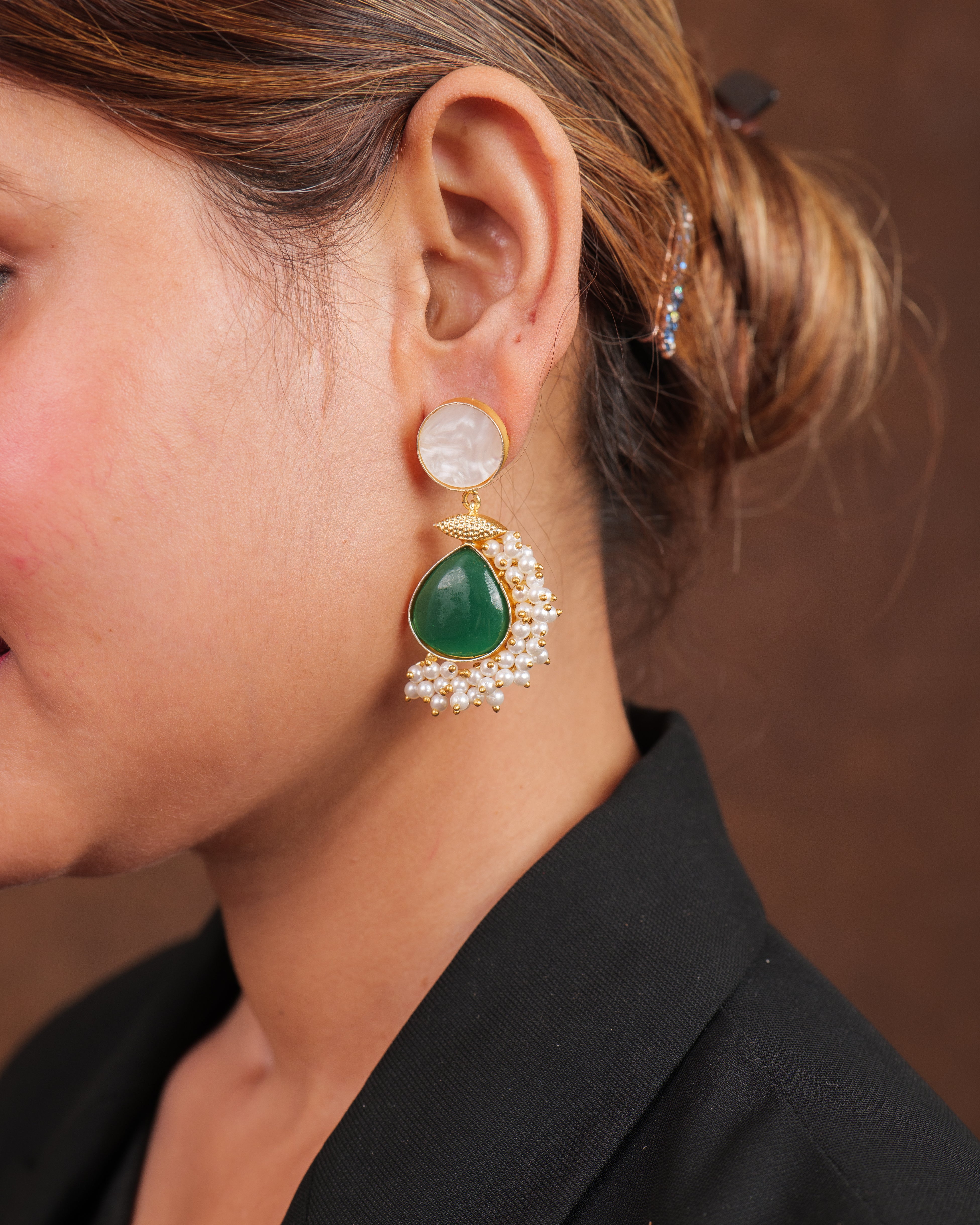 Celestia Carat Pearl Halo Green Drop Earrings
