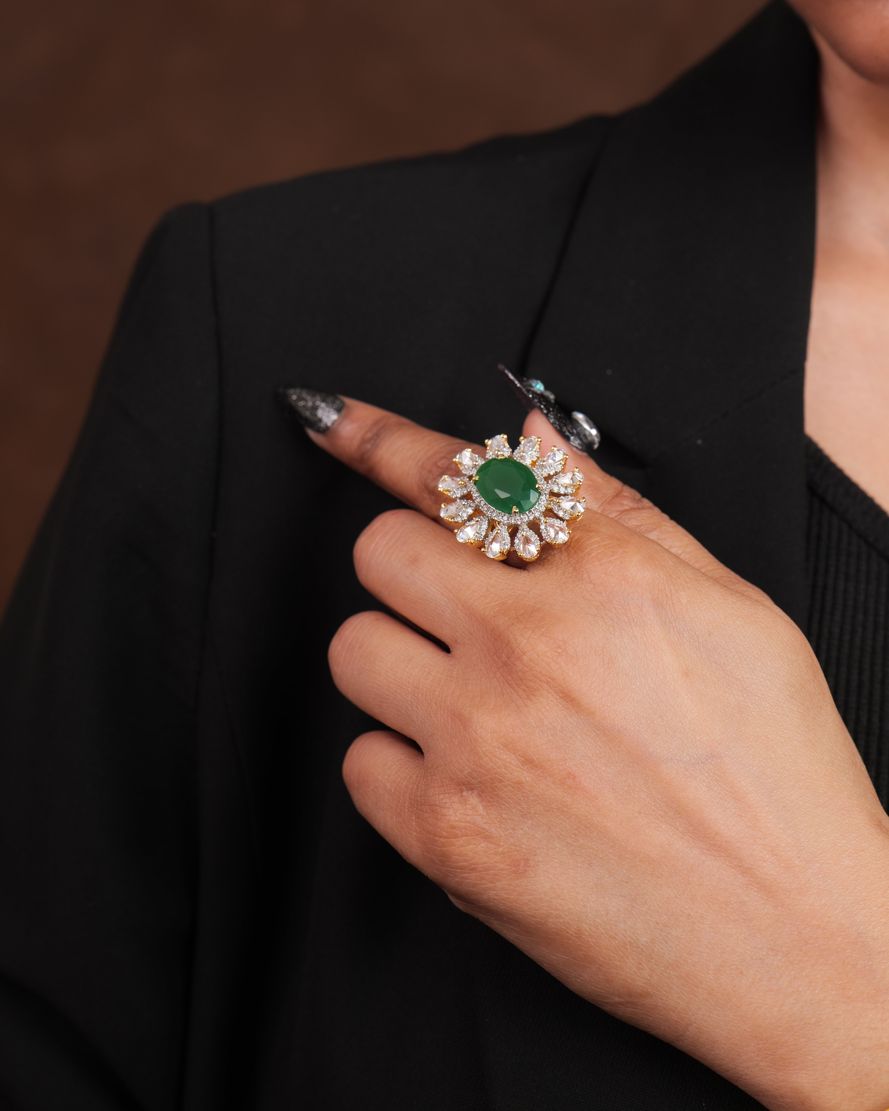 Emerald Radiance Floral Cocktail Ring