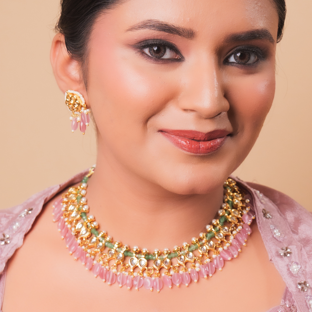 Pastel Pink and Mint Green Kundan Choker Necklace Set