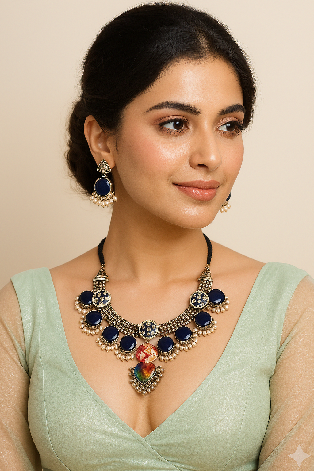Antique Gold-Toned Blue Stone Necklace Set with Multicolor Pendant & Earrings