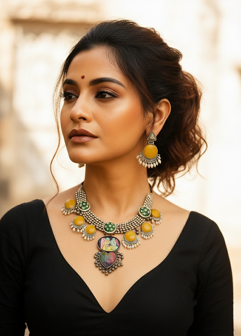 Antique Silver-Toned Yellow & Green Stone Necklace Set with Artistic