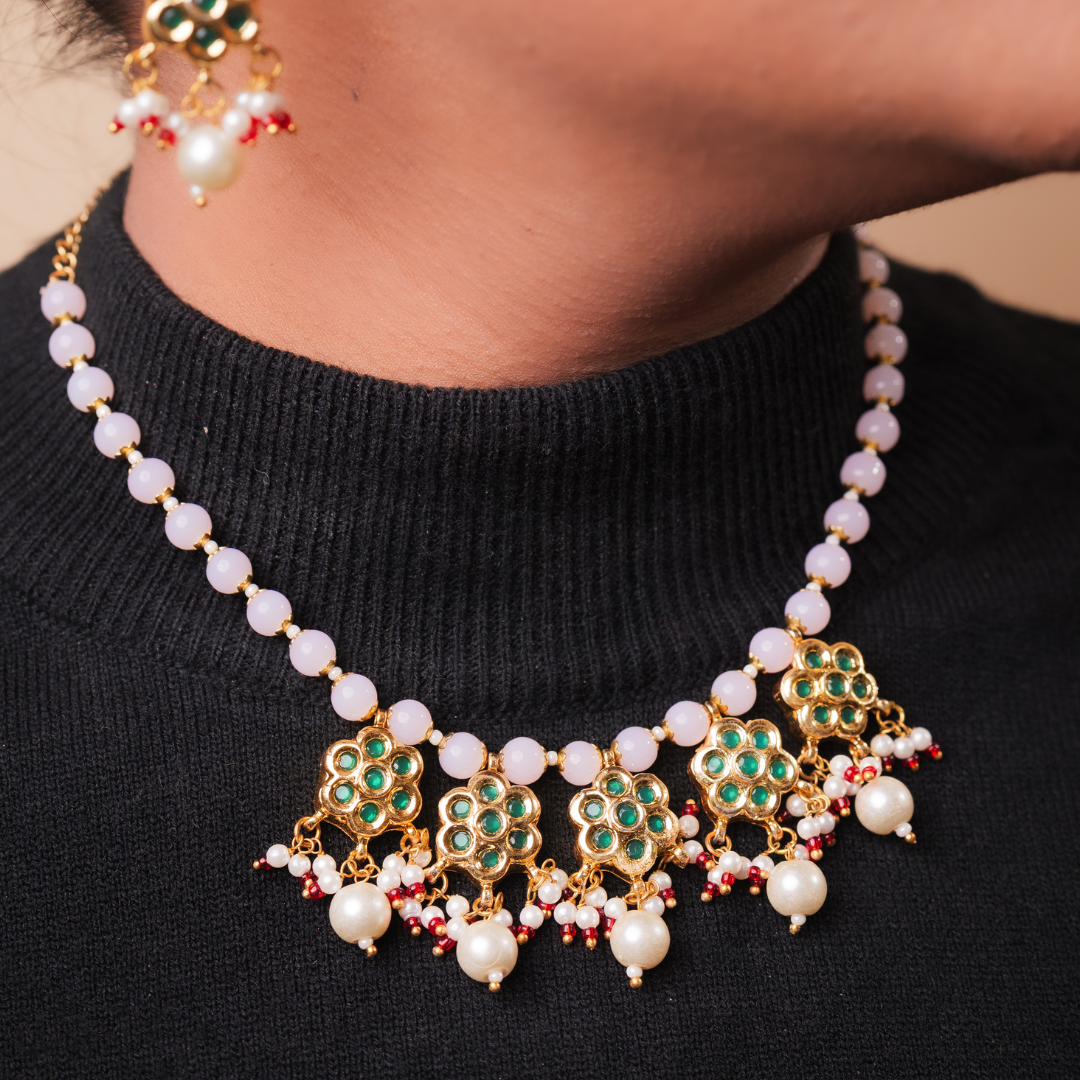 Royal Green & Pearl Gold-Tone Necklace Set