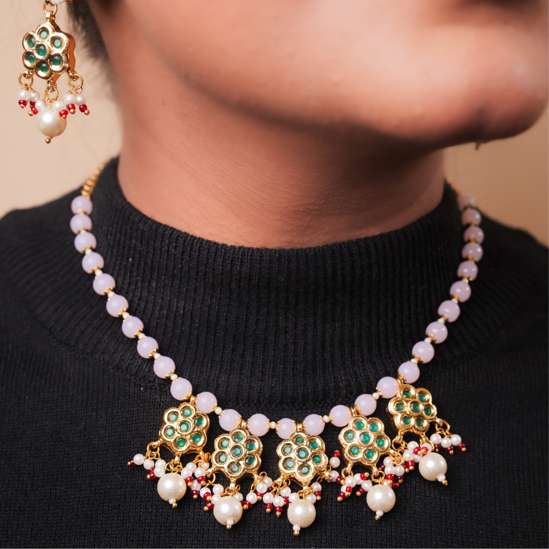 Royal Green & Pearl Gold-Tone Necklace Set