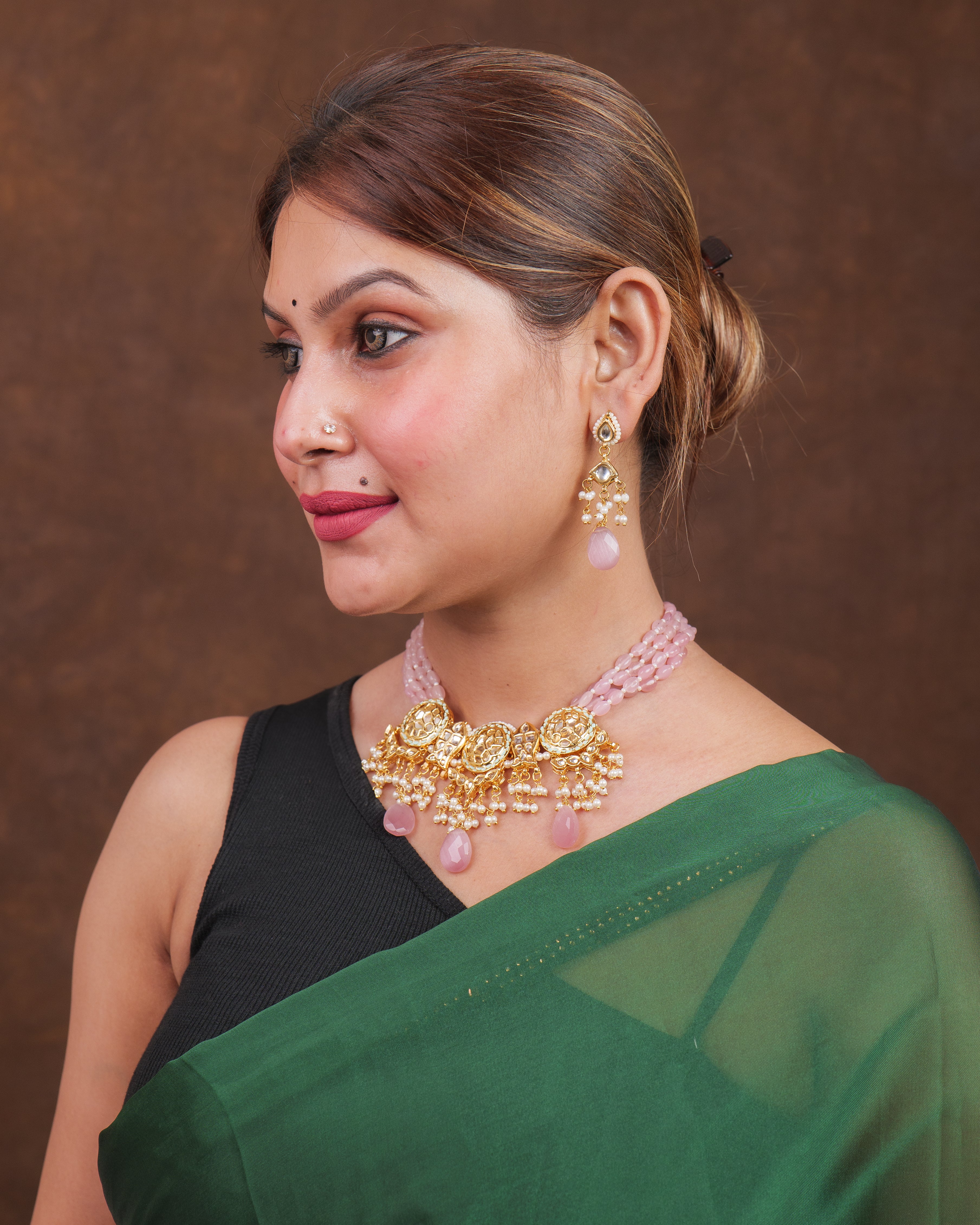 Celestia Carat Elegant Pink Beaded Kundan Necklace & Earrings Set