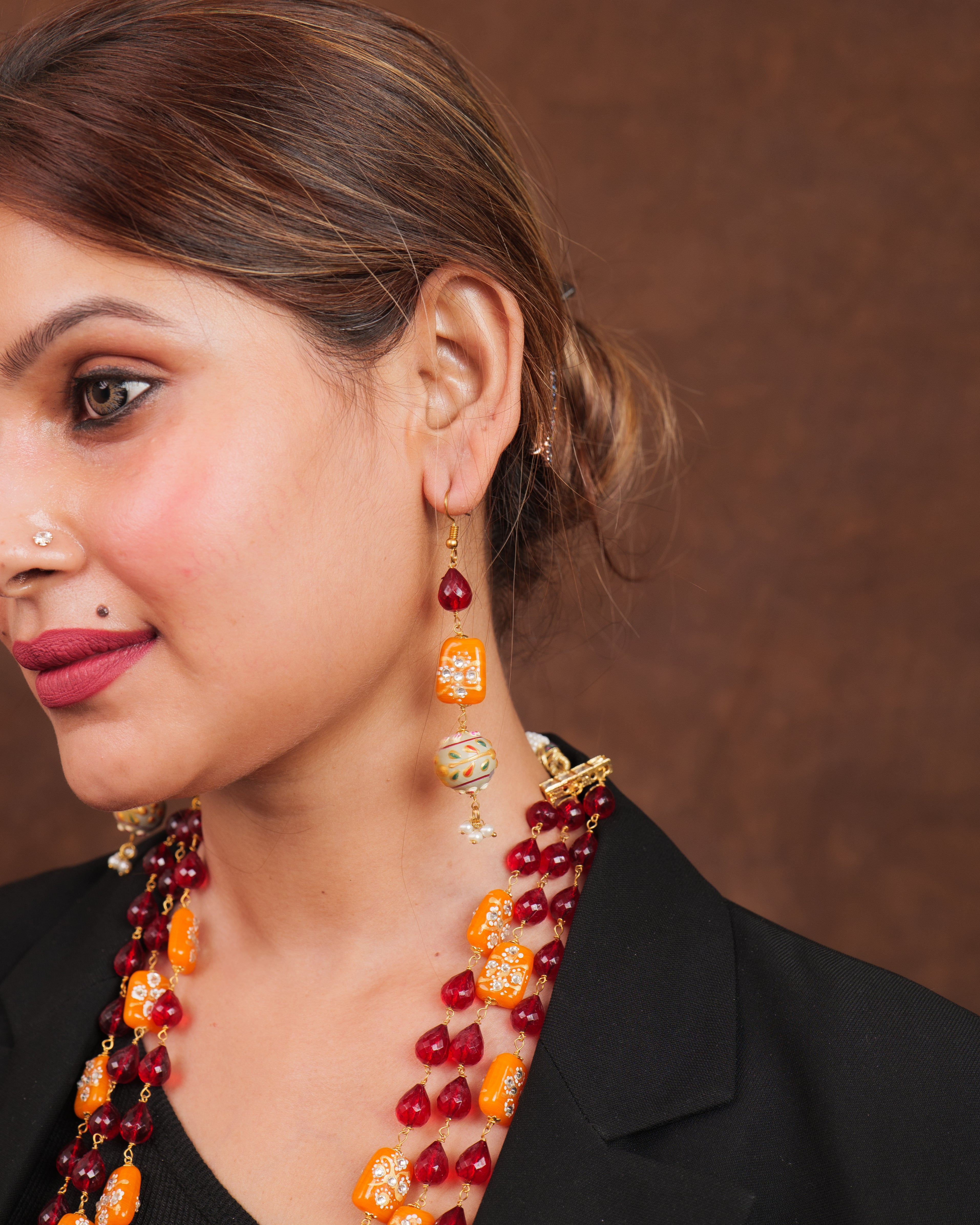 Vibrant Handcrafted Red & Orange Beaded Layered Necklace Set with Designer Earrings