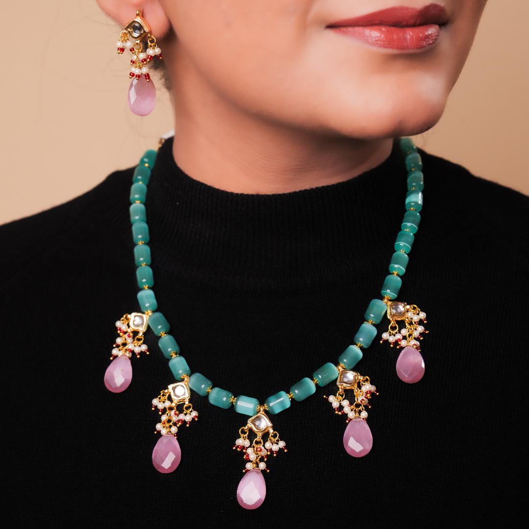 Emerald Drop Kundan Choker Necklace Set