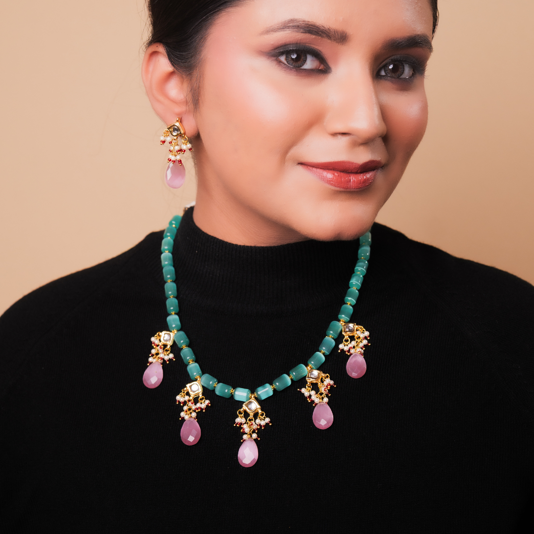 Emerald Drop Kundan Choker Necklace Set