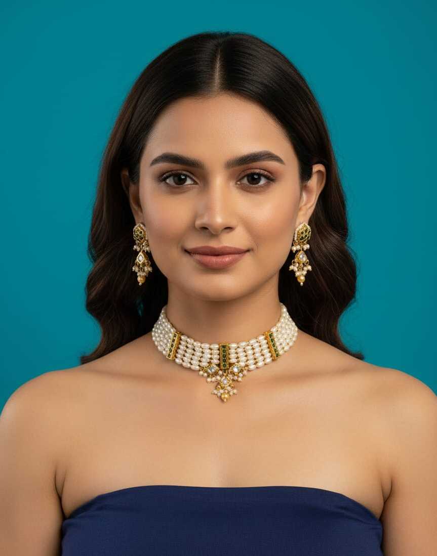 Elegant Pearl and Kundan Choker Necklace Set with Matching Drop Earrings