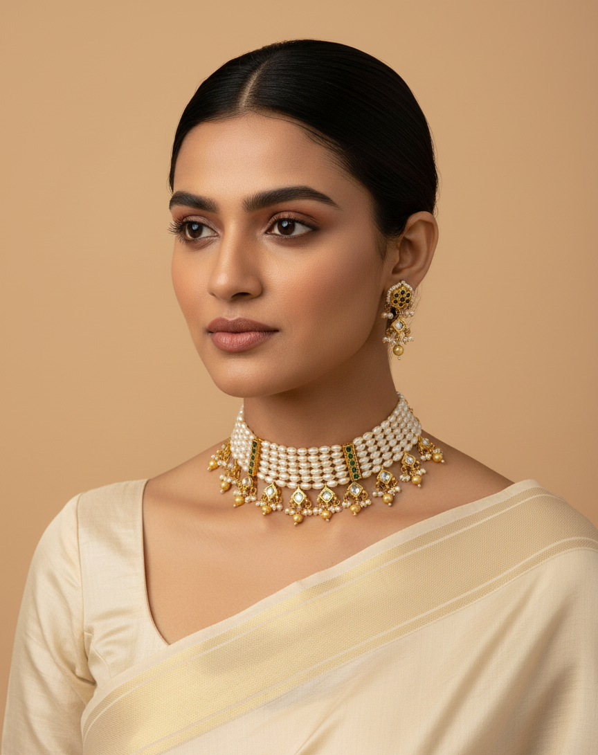 Elegant Pearl and Kundan Choker Necklace Set with Matching Drop Earrings