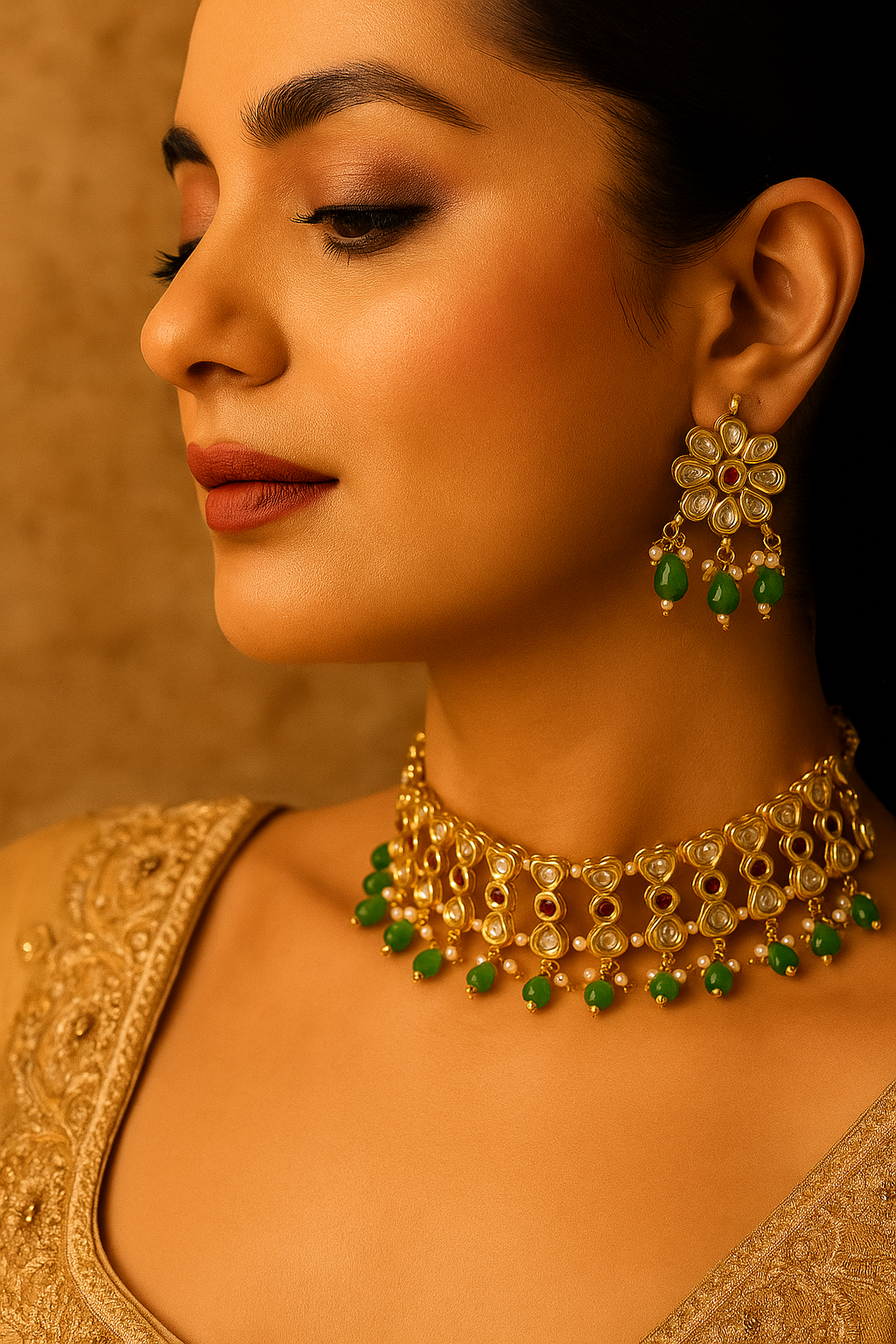 Celestia Carat Emerald Drop Kundan Choker Set with Floral Motif Earrings