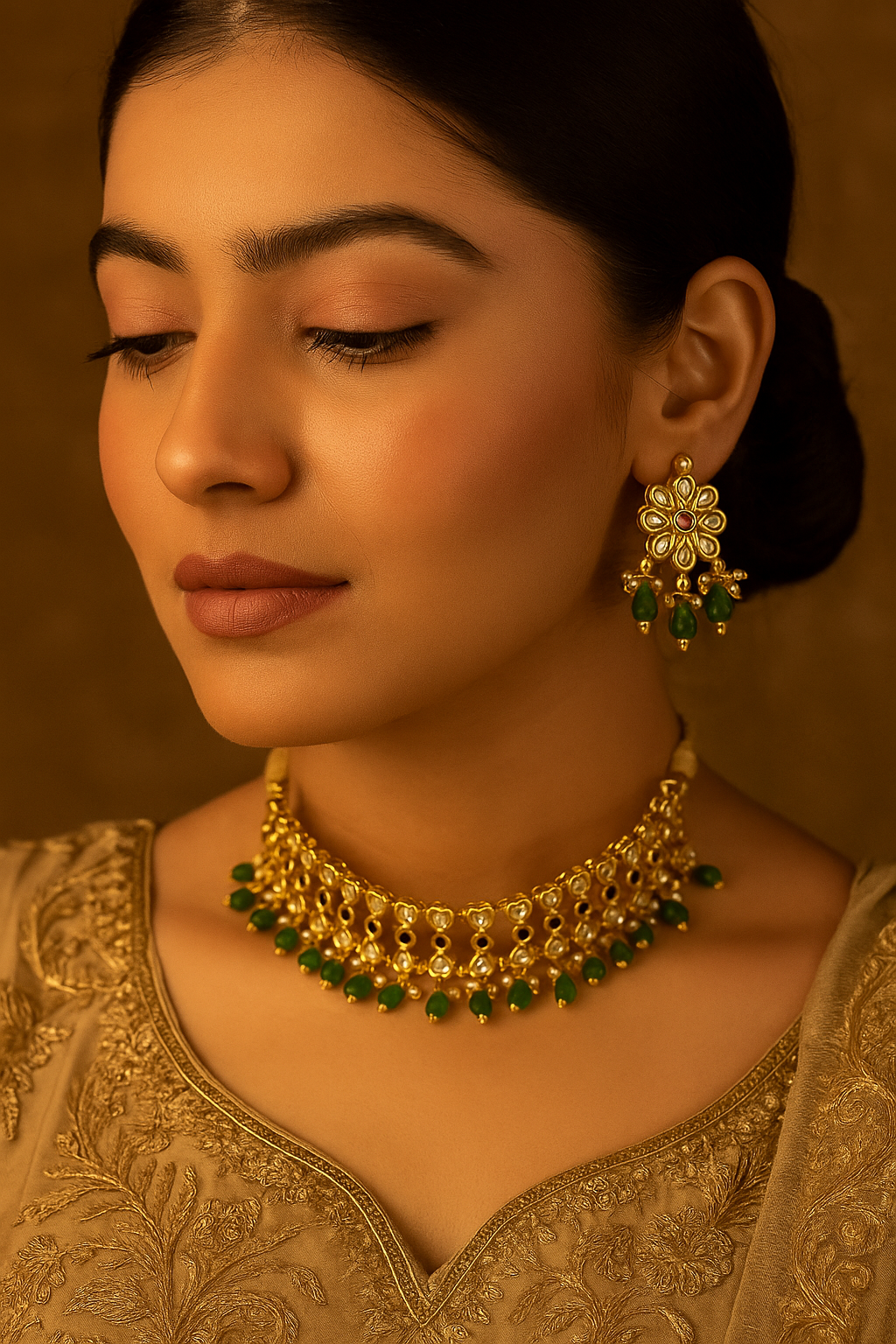 Celestia Carat Emerald Drop Kundan Choker Set with Floral Motif Earrings