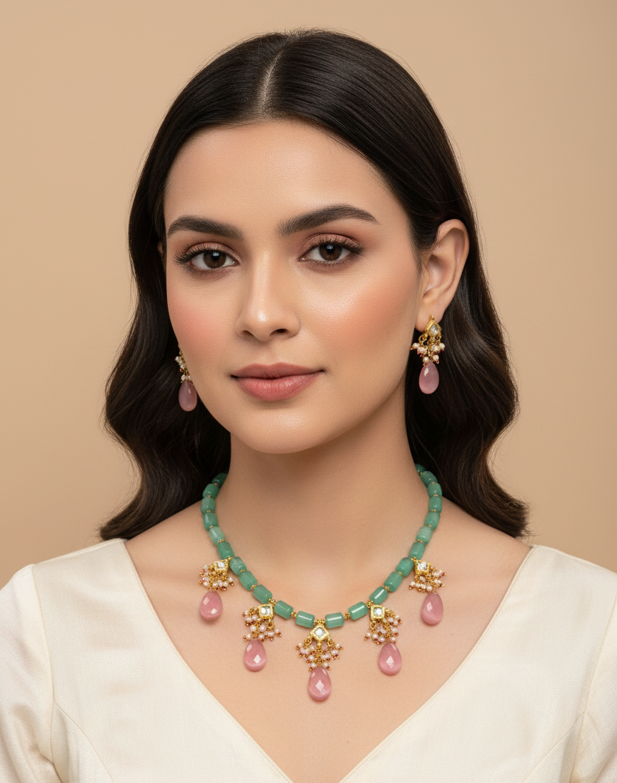 Emerald Drop Kundan Choker Set with Floral Motif Earrings