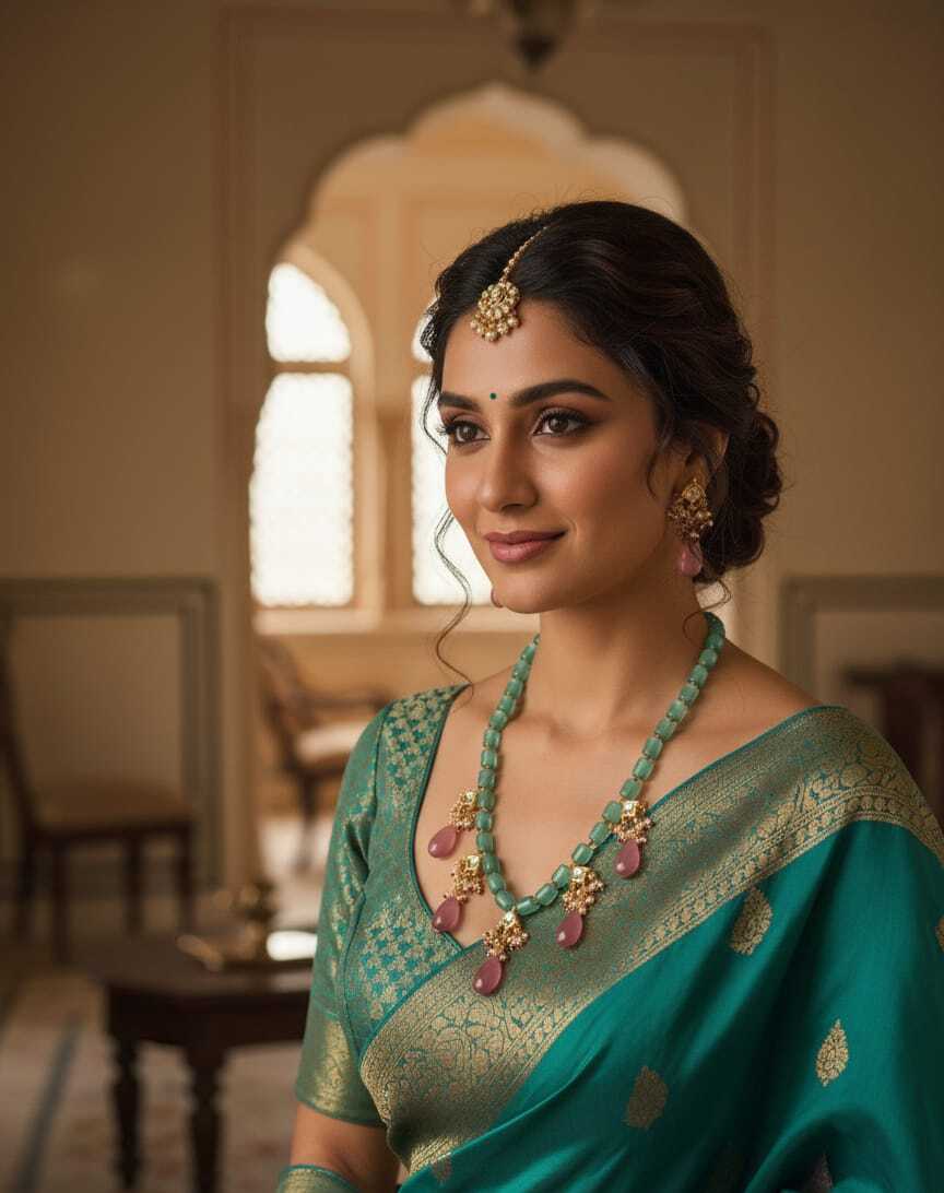 Emerald Drop Kundan Choker Set with Floral Motif Earrings