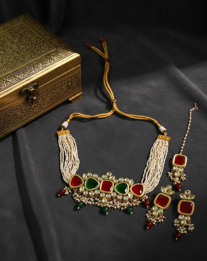 Regal Kundan Choker Necklace Set with Ruby & Emerald Stones