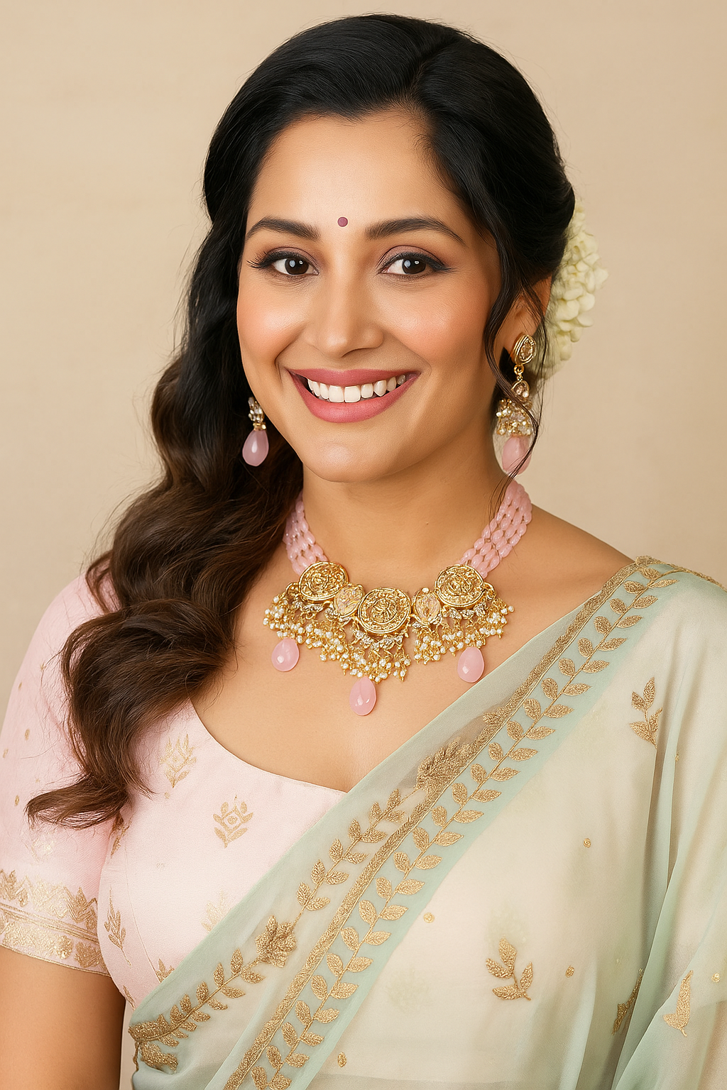 Elegant Pastel Pink Beaded Kundan Necklace Set with Pearl Drops