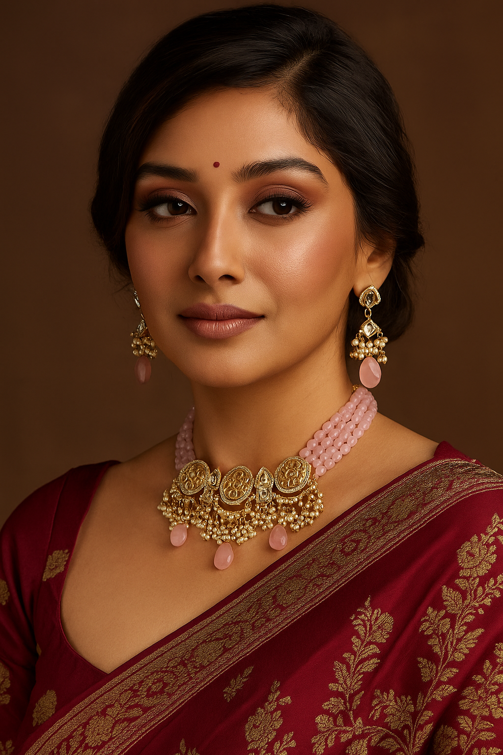 Celestia Carat Elegant Pastel Pink Beaded Kundan Necklace Set with Pearl Drops
