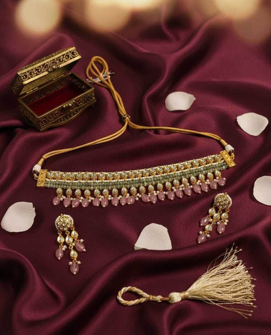Graceful Pastel Kundan Choker Necklace Set with Beaded Drops
