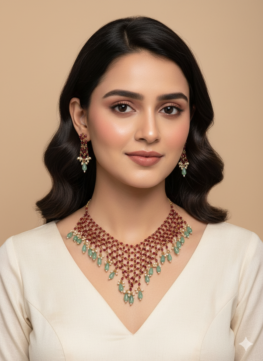 Ruby Red & Green Beaded Statement Necklace Set with Matching Earrings