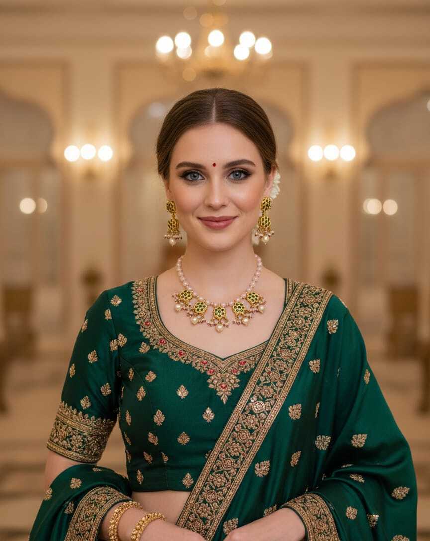 Royal Green & Pearl Gold-Tone Necklace Set with Matching Earrings