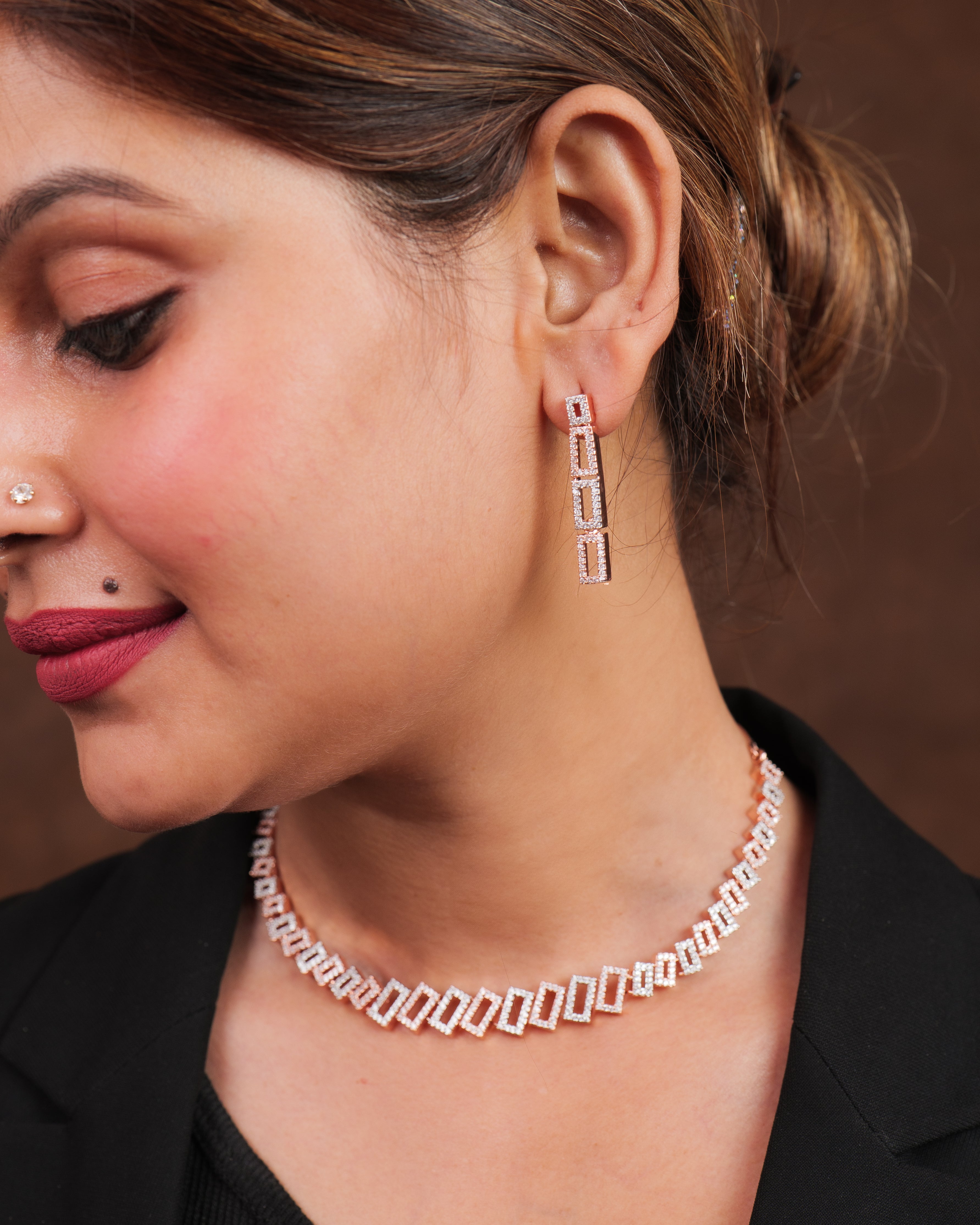 Celestia Carat Elegant Square Link Necklace and Earring Set*