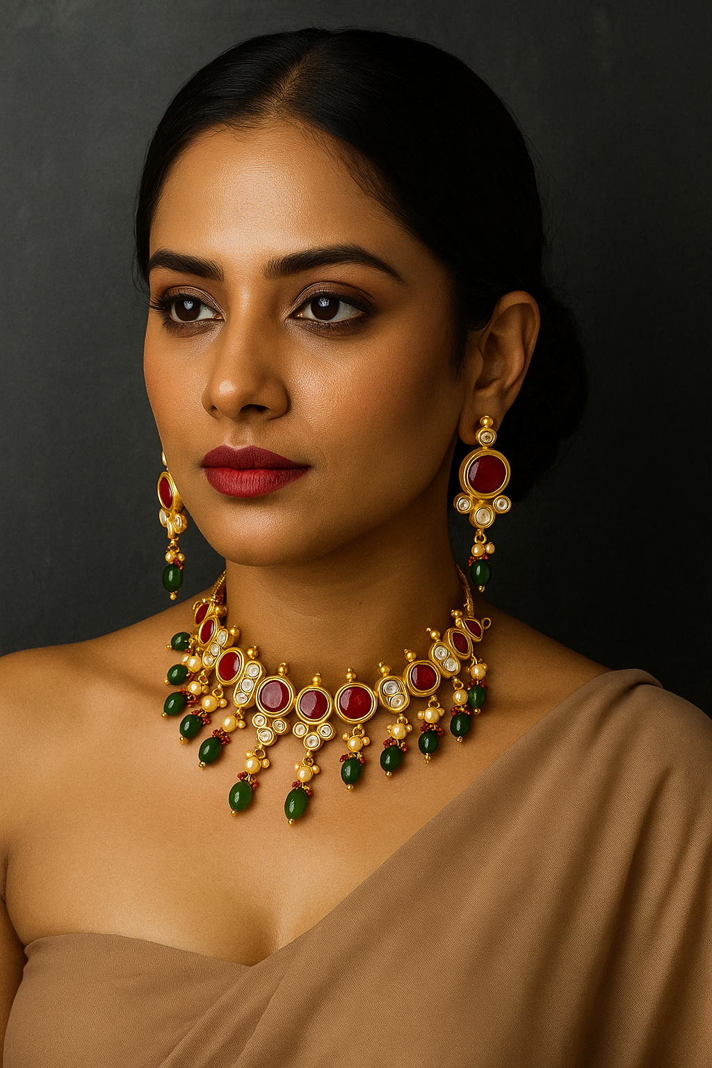 Celestia Carat Regal Red Kundan Choker Necklace Set with Green Bead Drops