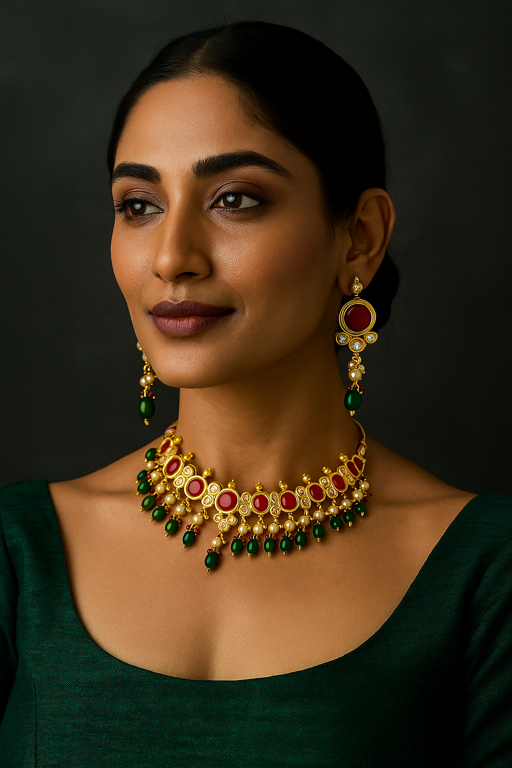 Celestia Carat Regal Red Kundan Choker Necklace Set with Green Bead Drops