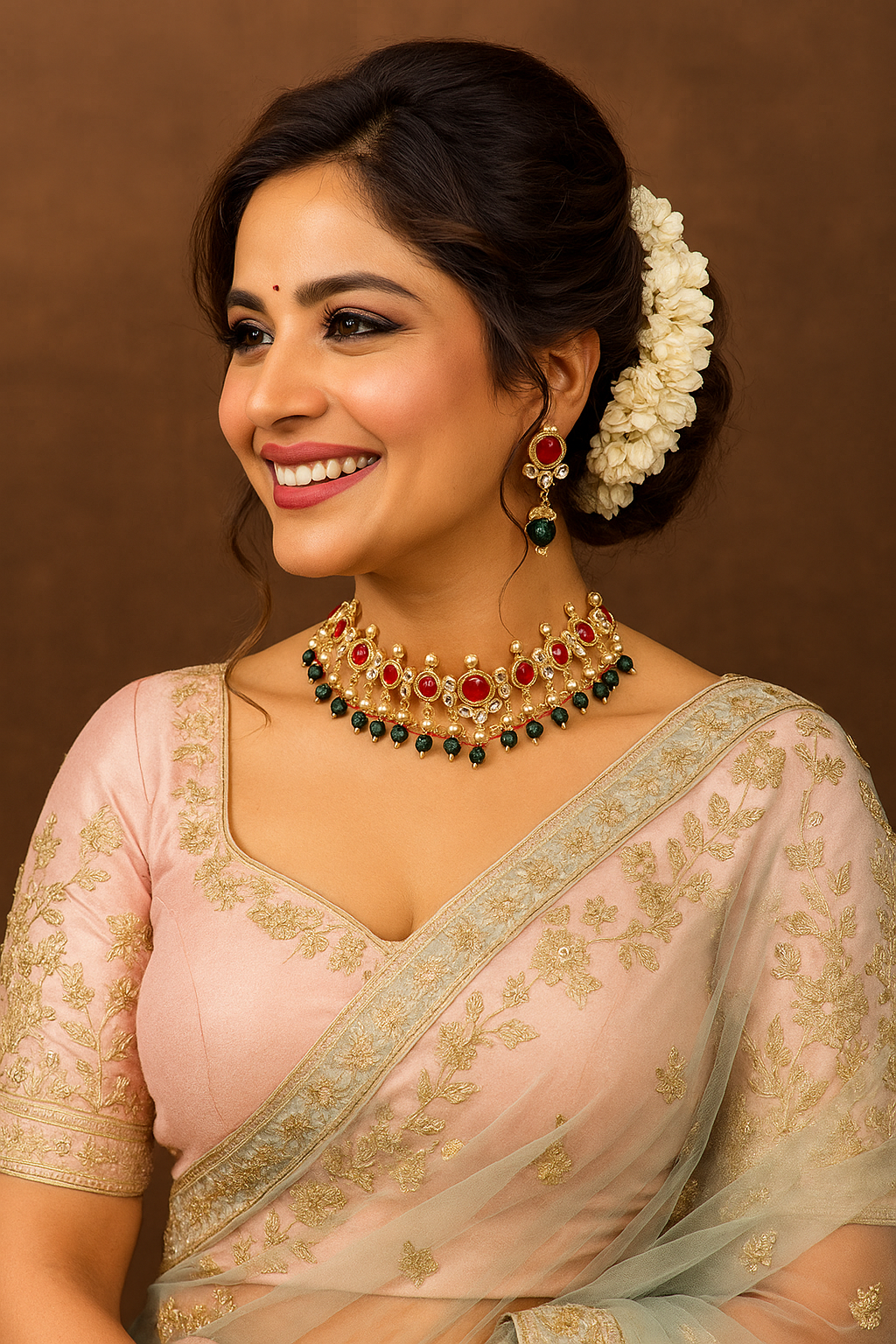 Regal Red Kundan Choker Necklace Set with Green Bead Drops