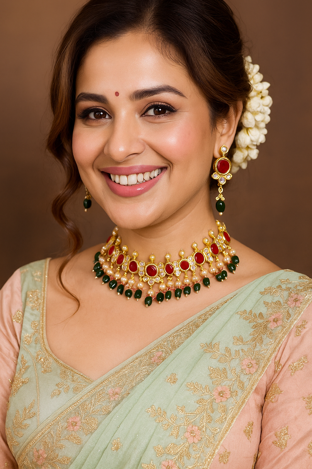 Regal Red Kundan Choker Necklace Set with Green Bead Drops