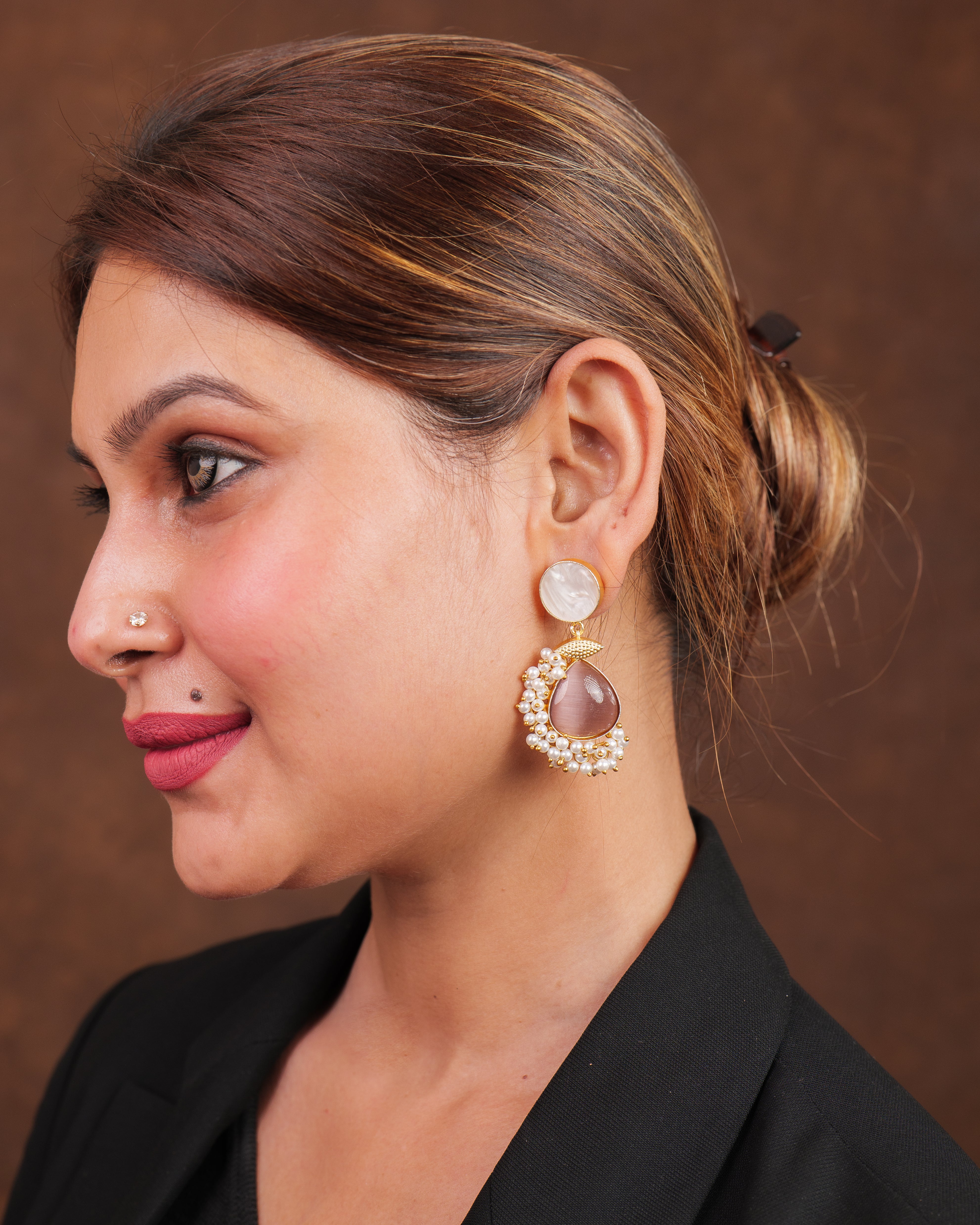 Celestia Carat Pearl Halo Mauve Drop Earrings