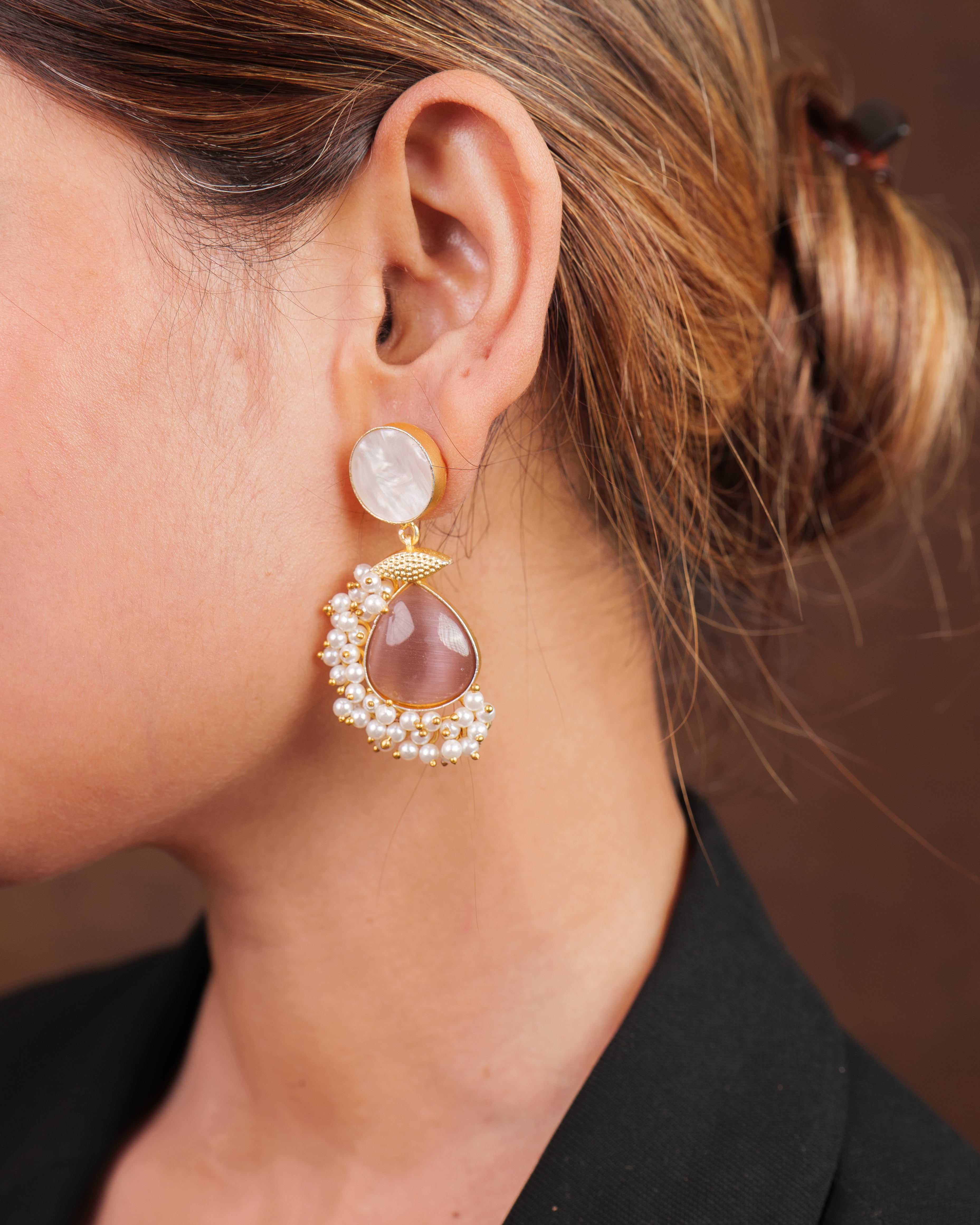 Celestia Carat Pearl Halo Mauve Drop Earrings