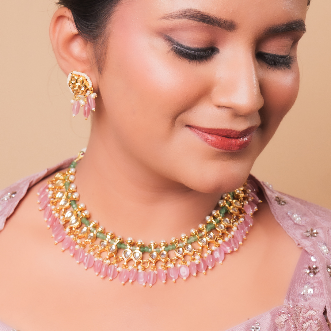 Pastel Pink and Mint Green Kundan Choker Necklace Set