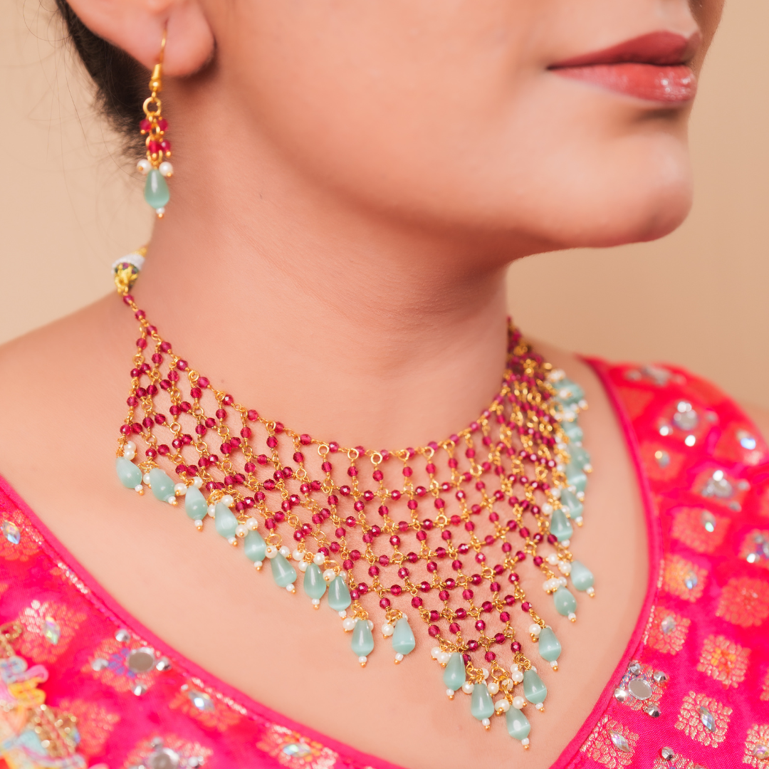 Ruby Red & Green Beaded Statement Necklace Set