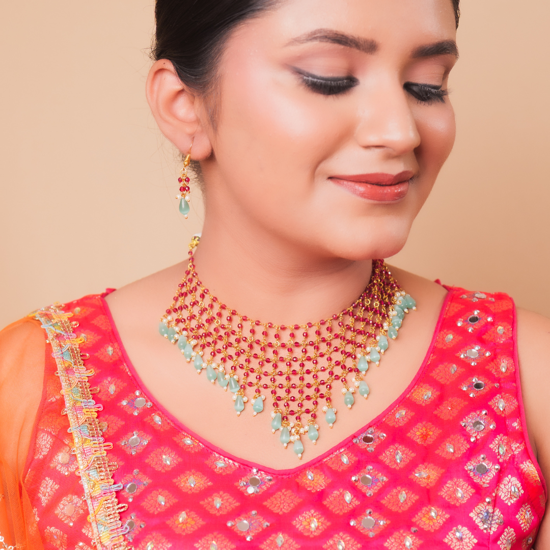 Ruby Red & Green Beaded Statement Necklace Set