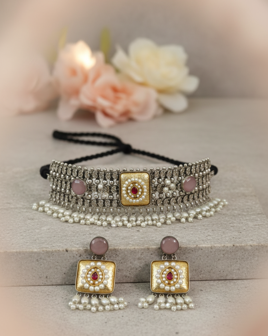 Luxury Pearl & Stone Choker Necklace Set