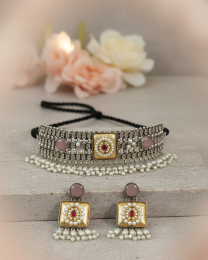 Luxury Pearl & Stone Choker Necklace Set